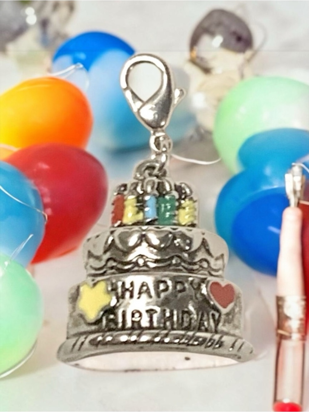 Birthday Cake Silver & Multicolored w/Lobster clasp Zipper pull, purse charm